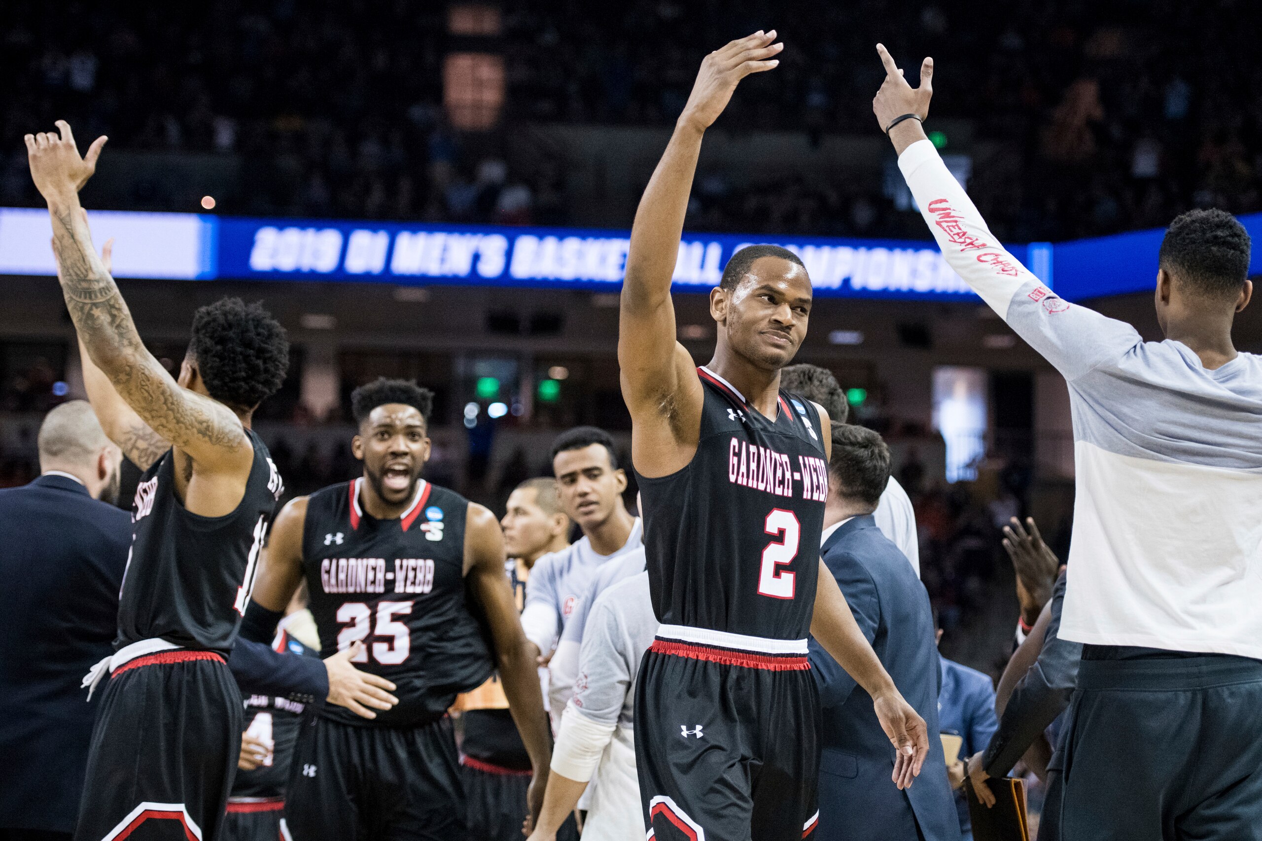Gardner-Webb firing up the crowd during its early lead in last year's NCAA tournament.