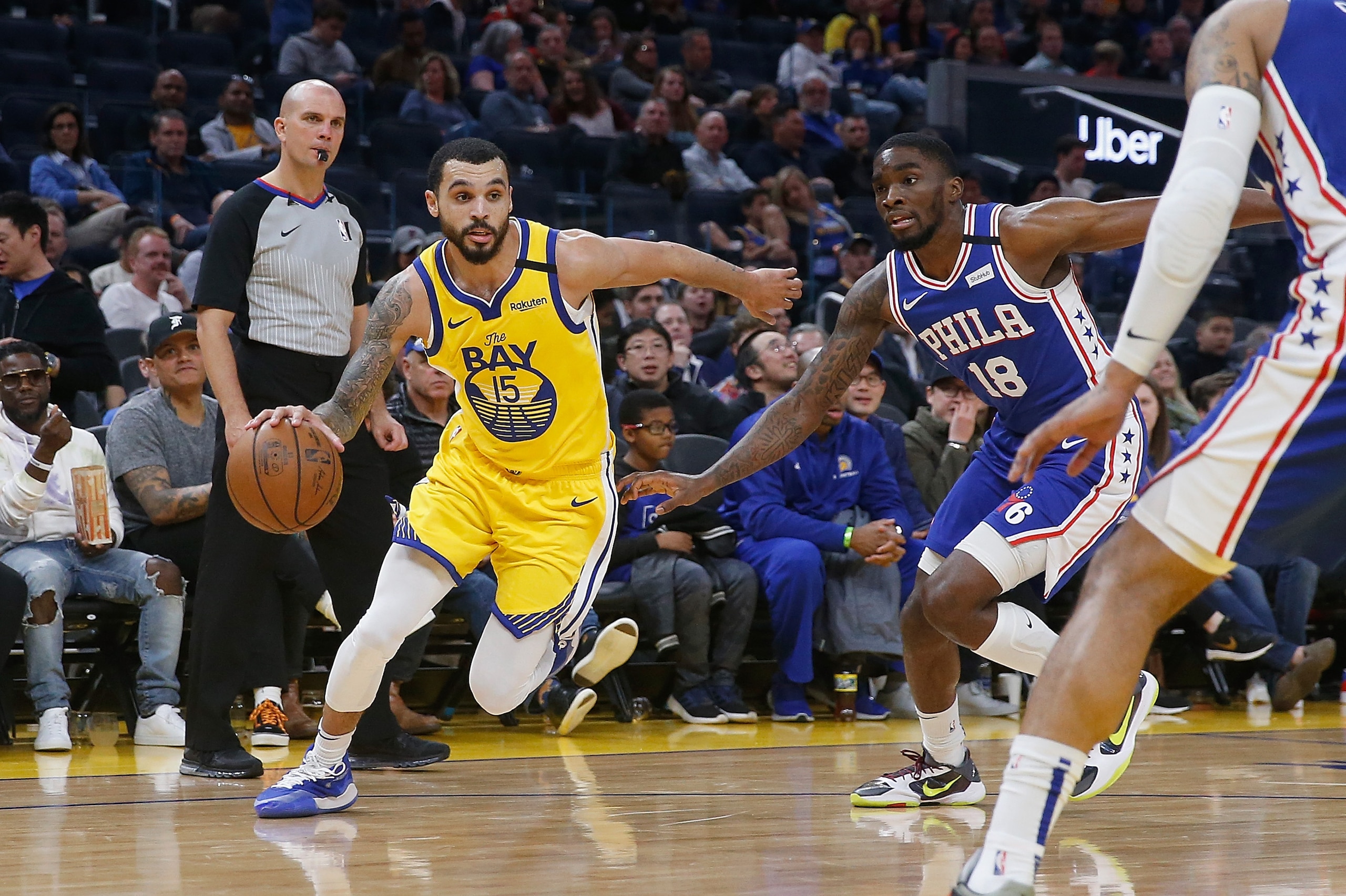 SAN FRANCISCO, CALIFORNIA - MARCH 07: Mychal Mulder #15 of the Golden State Warriors drives to the basket against Shake Milton #18 of the Philadelphia 76ers in the second half at Chase Center on March 07, 2020 in San Francisco, California. NOTE TO USER: U