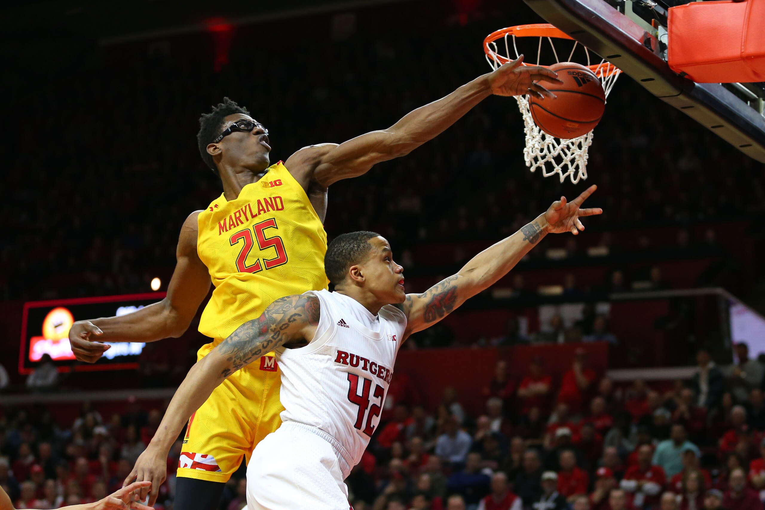 PISCATAWAY, NJ - MARCH 03: Jalen Smith #25 of the Maryland Terrapins blocks a shot by Jacob Young #42 of the Rutgers Scarlet Knights during the second half of a college basketball game at Rutgers Athletic Center on March 3, 2020 in Piscataway, New Jersey. PISCATAWAY, NJ - MARCH 03: Jalen Smith #25 of the Maryland Terrapins blocks a shot by Jacob Young #42 of the Rutgers Scarlet Knights during the second half of a college basketball game at Rutgers Athletic Center on March 3, 2020 in Piscataway, New Jersey.