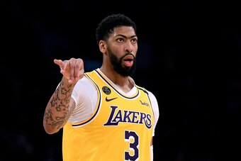 LOS ANGELES, CALIFORNIA - MARCH 10:  Anthony Davis #3 of the Los Angeles Lakers looks at the Brooklyn Nets bench after his three pointer during a 104-102 Nets win at Staples Center on March 10, 2020 in Los Angeles, California. (Photo by Harry How/Getty Im