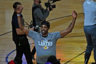 NEW ORLEANS, LA - MARCH 1: Dwight Howard #39 of the Los Angeles Lakers hypes up the crowd during the game against the New Orleans Pelicans on March 1, 2020 at the Smoothie King Center in New Orleans, Louisiana. NOTE TO USER: User expressly acknowledges an