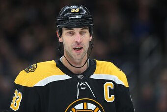 BOSTON, MASSACHUSETTS - FEBRUARY 25: Zdeno Chara #33 of the Boston Bruins looks on during the second period of the game against the Calgary Flames at TD Garden on February 25, 2020 in Boston, Massachusetts. (Photo by Maddie Meyer/Getty Images)