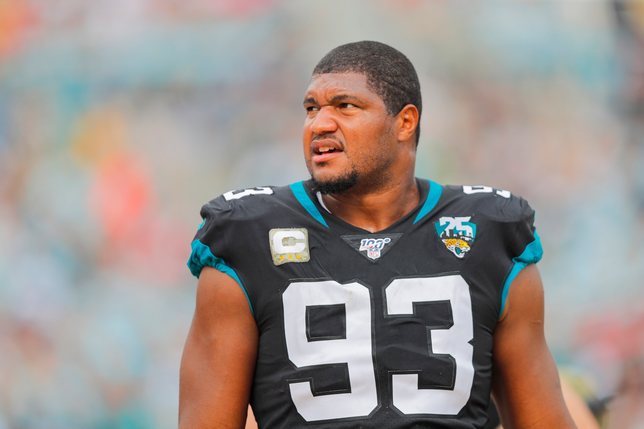 JACKSONVILLE, FLORIDA - DECEMBER 01: Calais Campbell #93 of the Jacksonville Jaguars looks on from the sidelines during the second quarter of a game against the Tampa Bay Buccaneers at TIAA Bank Field on December 01, 2019 in Jacksonville, Florida. (Photo 