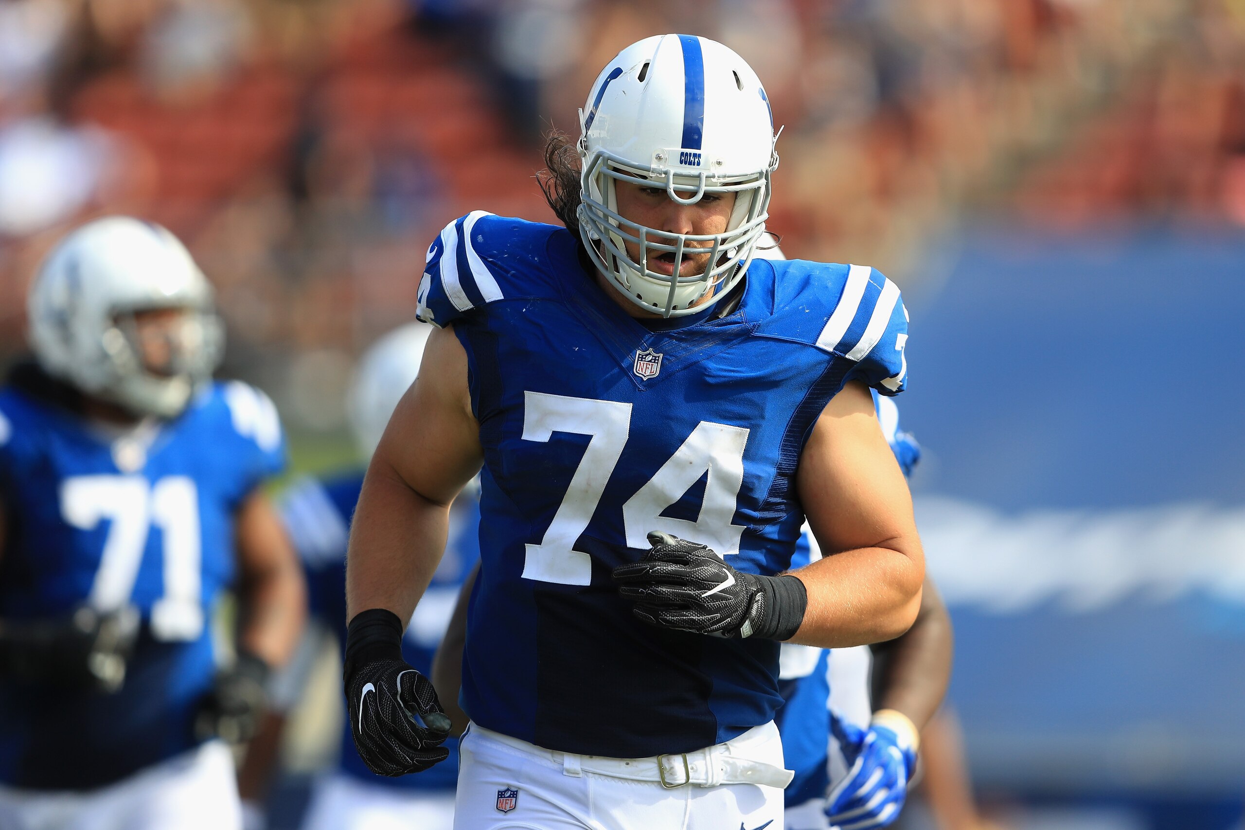 LOS ANGELES, CA - SEPTEMBER 10:   Anthony Castonzo #74 of the Indianapolis Colts runs off the field during the first half of a game against the Los Angeles Rams  at Los Angeles Memorial Coliseum on September 10, 2017 in Los Angeles, California.  (Photo by