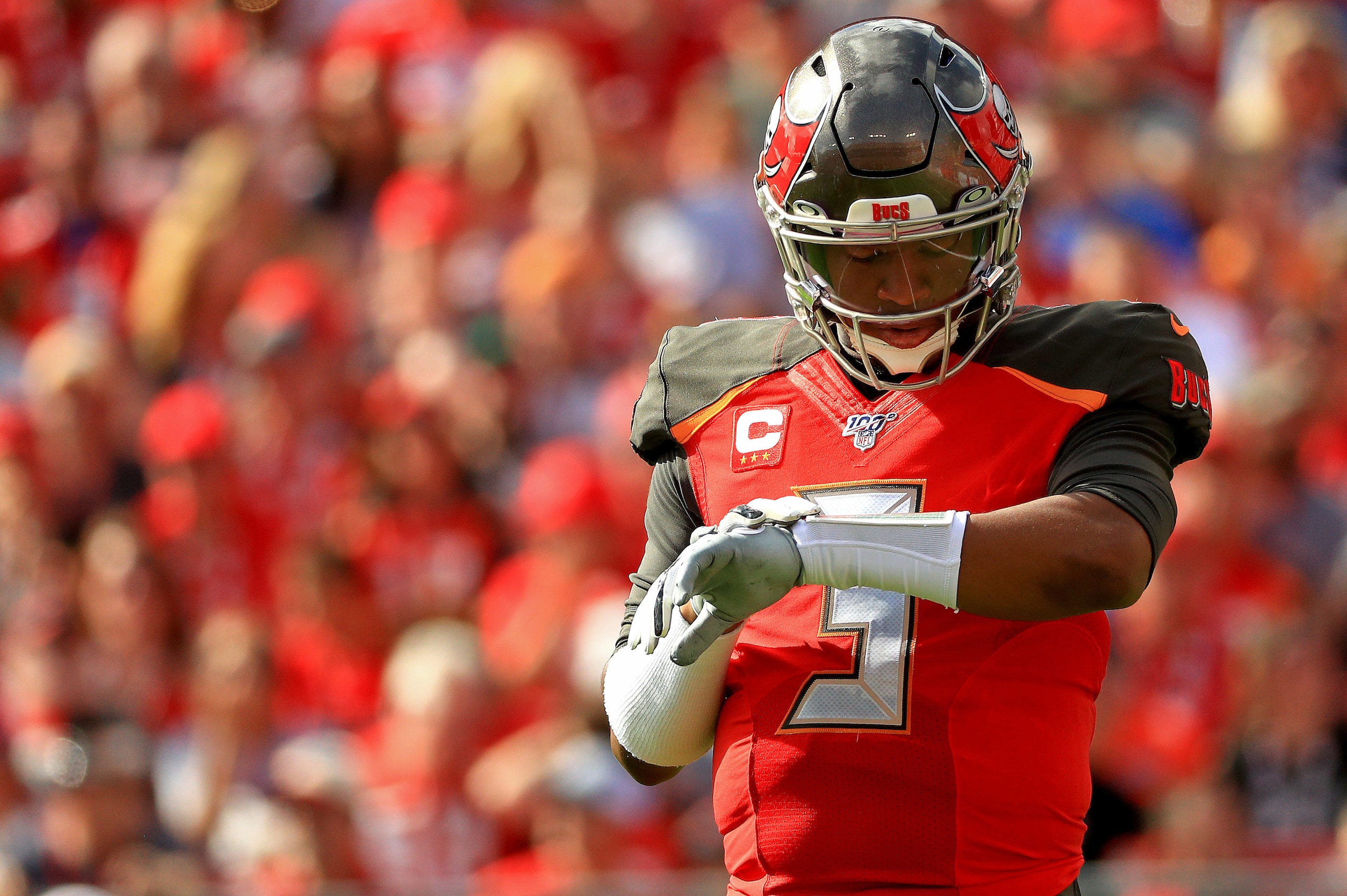 TAMPA, FLORIDA - DECEMBER 29: Jameis Winston #3 of the Tampa Bay Buccaneers calls a play during a game against the Atlanta Falcons at Raymond James Stadium on December 29, 2019 in Tampa, Florida. (Photo by Mike Ehrmann/Getty Images) TAMPA, FLORIDA - DECEMBER 29: Jameis Winston #3 of the Tampa Bay Buccaneers calls a play during a game against the Atlanta Falcons at Raymond James Stadium on December 29, 2019 in Tampa, Florida. (Photo by Mike Ehrmann/Getty Images)
