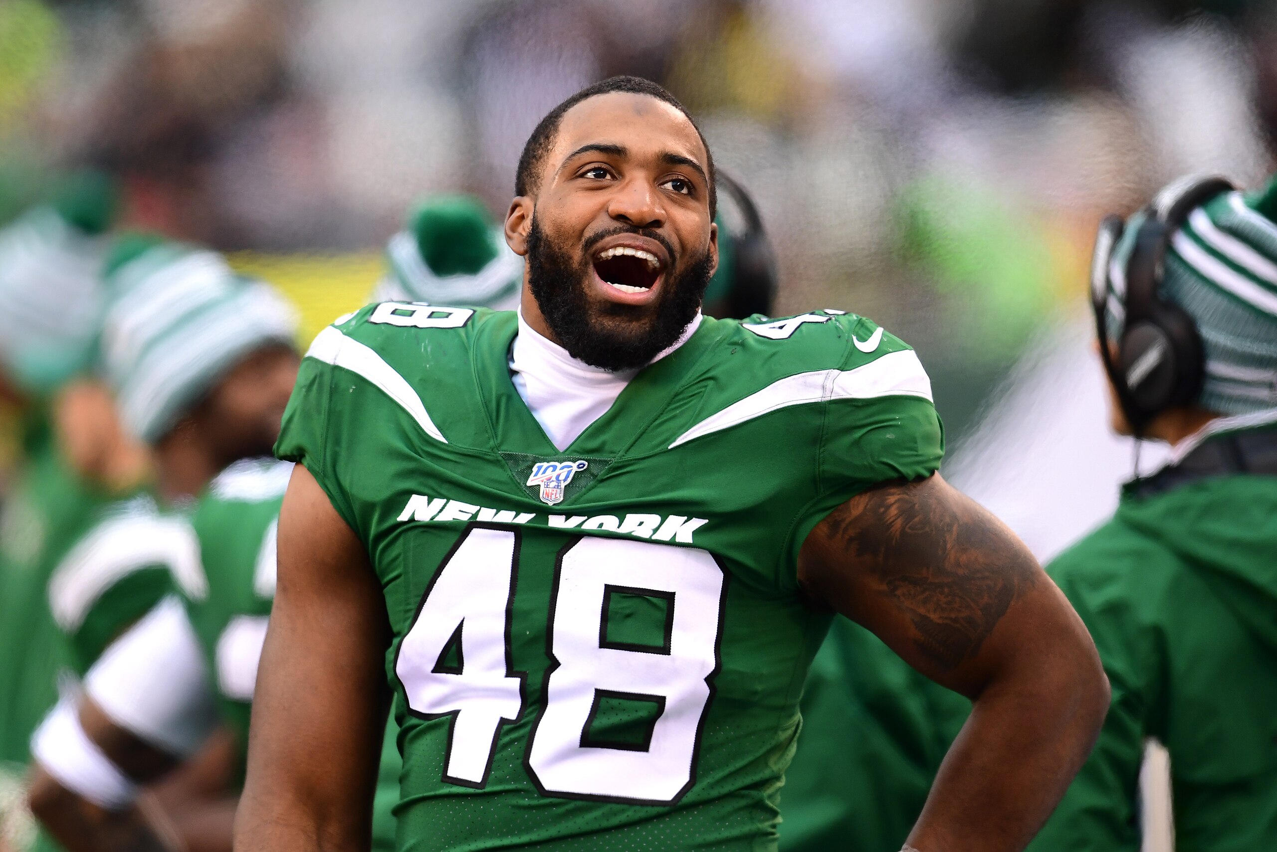 EAST RUTHERFORD, NEW JERSEY - NOVEMBER 24: Jordan Jenkins #48 of the New York Jets reacts from the sidelines during the second half of their game against the Oakland Raiders at MetLife Stadium on November 24, 2019 in East Rutherford, New Jersey. (Photo by EAST RUTHERFORD, NEW JERSEY - NOVEMBER 24: Jordan Jenkins #48 of the New York Jets reacts from the sidelines during the second half of their game against the Oakland Raiders at MetLife Stadium on November 24, 2019 in East Rutherford, New Jersey. (Photo by