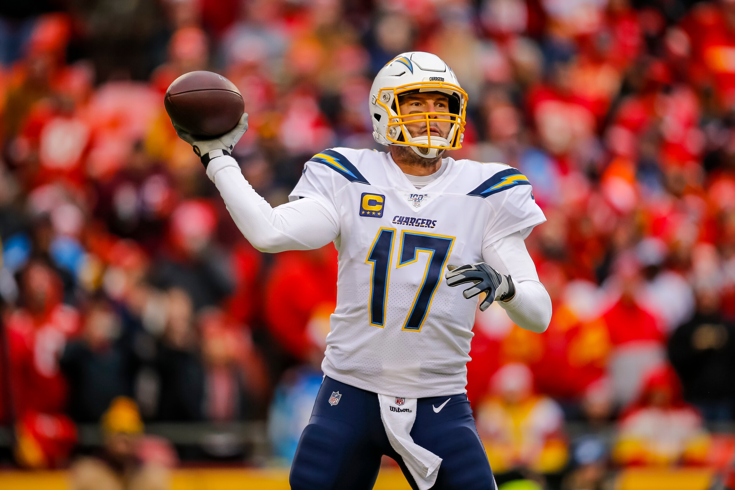 KANSAS CITY, MO - DECEMBER 29: Philip Rivers #17 of the Los Angeles Chargers looks for an open receiver during the third quarter against the Kansas City Chiefs at Arrowhead Stadium on December 29, 2019 in Kansas City, Missouri. (Photo by David Eulitt/Gett KANSAS CITY, MO - DECEMBER 29: Philip Rivers #17 of the Los Angeles Chargers looks for an open receiver during the third quarter against the Kansas City Chiefs at Arrowhead Stadium on December 29, 2019 in Kansas City, Missouri. (Photo by David Eulitt/Gett