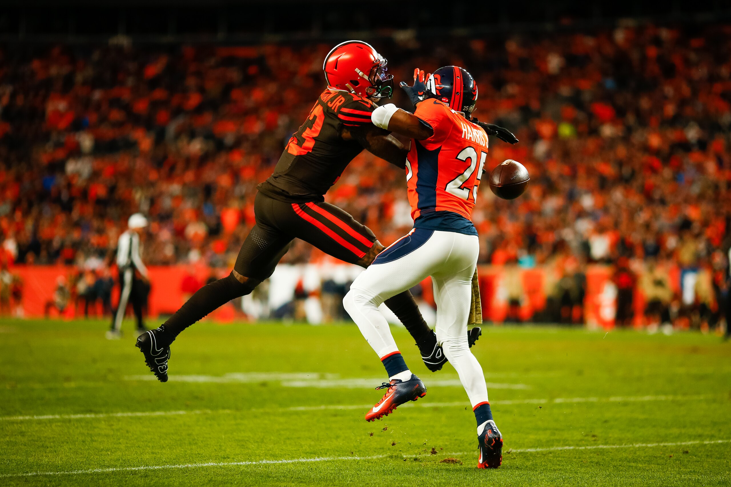 DENVER, CO - NOVEMBER 3: cornerback Chris Harris Jr. #25 of the Denver Broncos is called for pass interference on a pass intended for wide receiver Odell Beckham Jr. #13 of the Cleveland Browns during the fourth quarter at Empower Field at Mile High on N DENVER, CO - NOVEMBER 3: cornerback Chris Harris Jr. #25 of the Denver Broncos is called for pass interference on a pass intended for wide receiver Odell Beckham Jr. #13 of the Cleveland Browns during the fourth quarter at Empower Field at Mile High on N