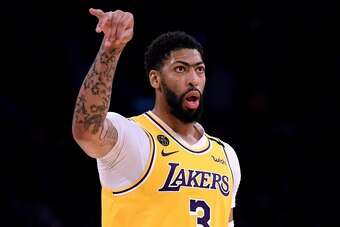 LOS ANGELES, CALIFORNIA - MARCH 10:  Anthony Davis #3 of the Los Angeles Lakers looks at the Brooklyn Nets bench after his three pointer during a 104-102 Nets win at Staples Center on March 10, 2020 in Los Angeles, California. (Photo by Harry How/Getty Im