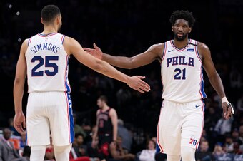 PHILADELPHIA, PA - FEBRUARY 09: Ben Simmons #25 and Joel Embiid #21 react against the Chicago Bulls at the Wells Fargo Center on February 9, 2020 in Philadelphia, Pennsylvania. The 76ers defeated the Bulls 118-111. NOTE TO USER: User expressly acknowledge