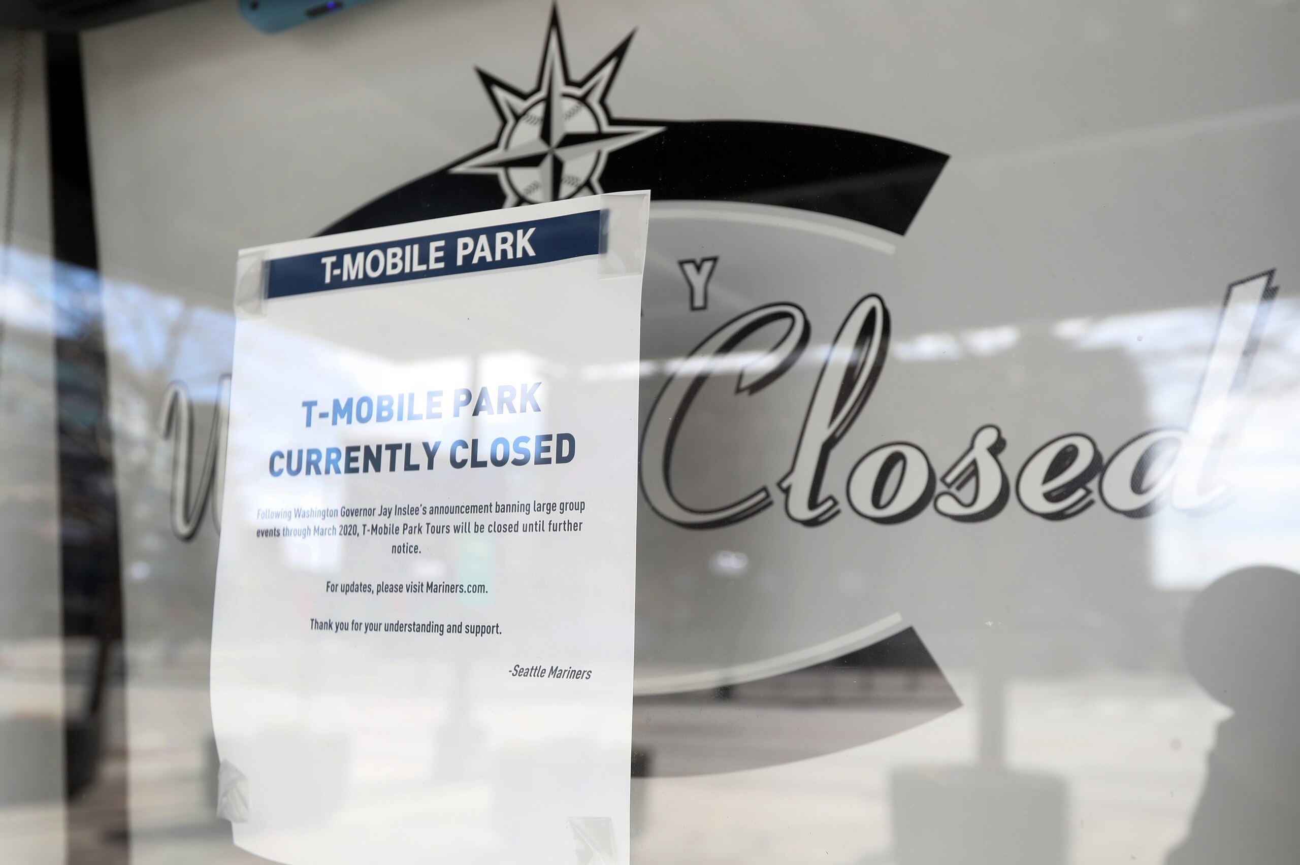 SEATTLE, WASHINGTON - MARCH 15: Will call window boxes are closed at T-Mobile Park, announcing the temporary closure of the park on March 15, 2020 in Seattle, Washington. Major League Baseball cancelled spring training games and has delayed opening day by SEATTLE, WASHINGTON - MARCH 15: Will call window boxes are closed at T-Mobile Park, announcing the temporary closure of the park on March 15, 2020 in Seattle, Washington. Major League Baseball cancelled spring training games and has delayed opening day by
