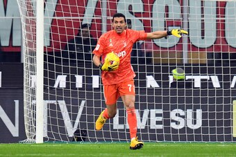 MILAN, ITALY - FEBRUARY 13: Gianluigi Buffon of Juventus in action during the Coppa Italia Semi Final match between AC Milan and Juventus at Stadio Giuseppe Meazza on February 13, 2020 in Milan, Italy.  (Photo by Alessandro Sabattini/Getty Images)