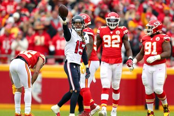 KANSAS CITY, MISSOURI - JANUARY 12:  Will Fuller V #15 of the Houston Texans reacts after a first down reception against the Kansas City Chiefs during the first quarter in the AFC Divisional playoff game at Arrowhead Stadium on January 12, 2020 in Kansas 