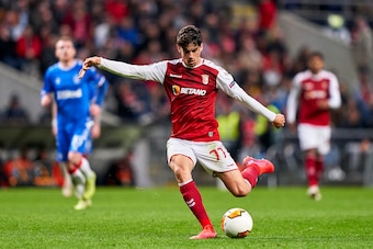 BRAGA, PORTUGAL - FEBRUARY 26: Trincao of SC Braga shots on goal during the UEFA Europa League round of 32 second leg match between Sporting Club Braga and Rangers FC at Estadio Municipal de Braga on February 26, 2020 in Braga, Portugal. (Photo by Jose Ma