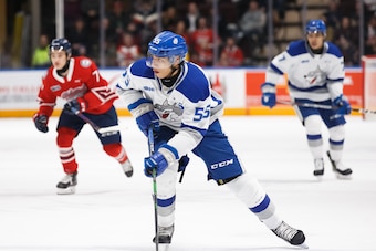 OSHAWA, ON - FEBRUARY 7: Quinton Byfield #55 of the Sudbury Wolves skates with the puck during an OHL game against the Oshawa Generals at the Tribute Communities Centre on February 7, 2020 in Oshawa, Ontario, Canada.  (Photo by Chris Tanouye/Getty Images)