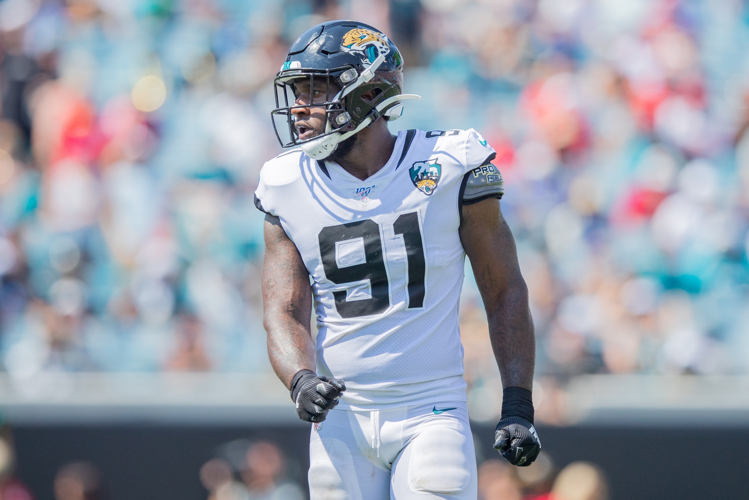 JACKSONVILLE, FLORIDA - SEPTEMBER 08: Yannick Ngakoue #91 of the Jacksonville Jaguars in action during a game against the Kansas City Chiefs at TIAA Bank Field on September 08, 2019 in Jacksonville, Florida. (Photo by James Gilbert/Getty Images)