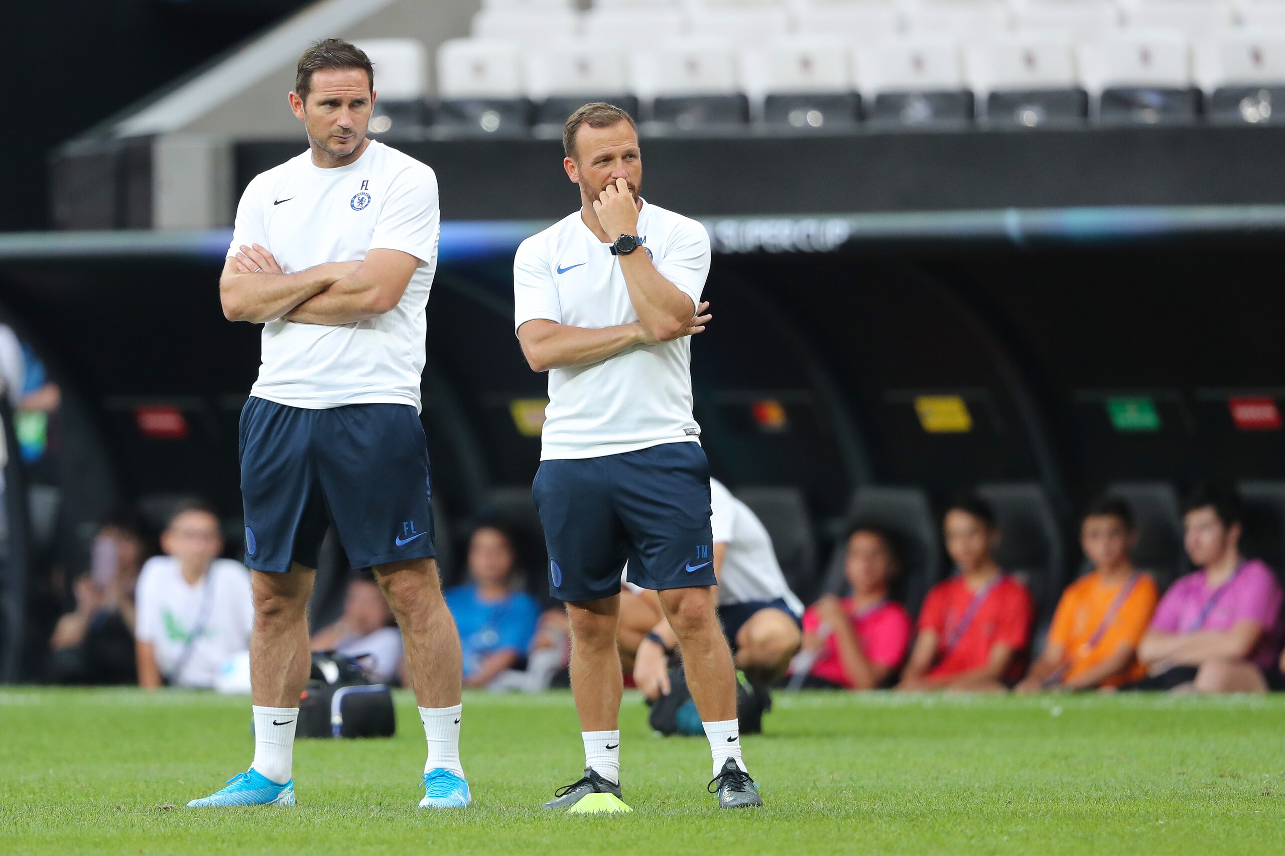 ISTANBUL, TURKEY - AUGUST 13 :  Frank Lampard the head coach / manager of Chelsea with assistant manager Jody Morris during the Chelsea training session  a Chelsea Training Session ahead of the UEFA Super Cup Final between Liverpool and Chelsea at the Vod