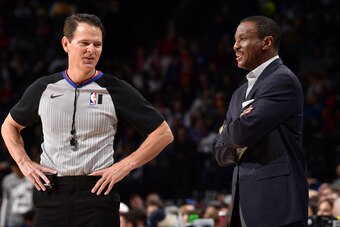 PHILADELPHIA, PA - MARCH 11: Referee David Jones #36 talks with Head Coach Dwane Casey of the Detroit Pistons during the game against the Philadelphia 76ers on March 11, 2020 at the Wells Fargo Center in Philadelphia, Pennsylvania. NOTE TO USER: User expr