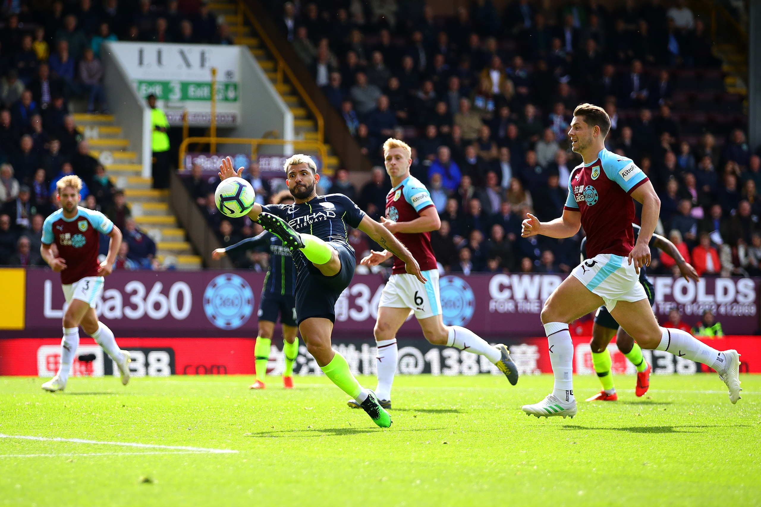 BURNLEY, ENGLAND - APRIL 28: Sergio Aguero of Manchester City shoots at goal during the Premier League match between Burnley FC and Manchester City at Turf Moor on April 28, 2019 in Burnley, United Kingdom. (Photo by Chris Brunskill/Fantasista/Getty Image