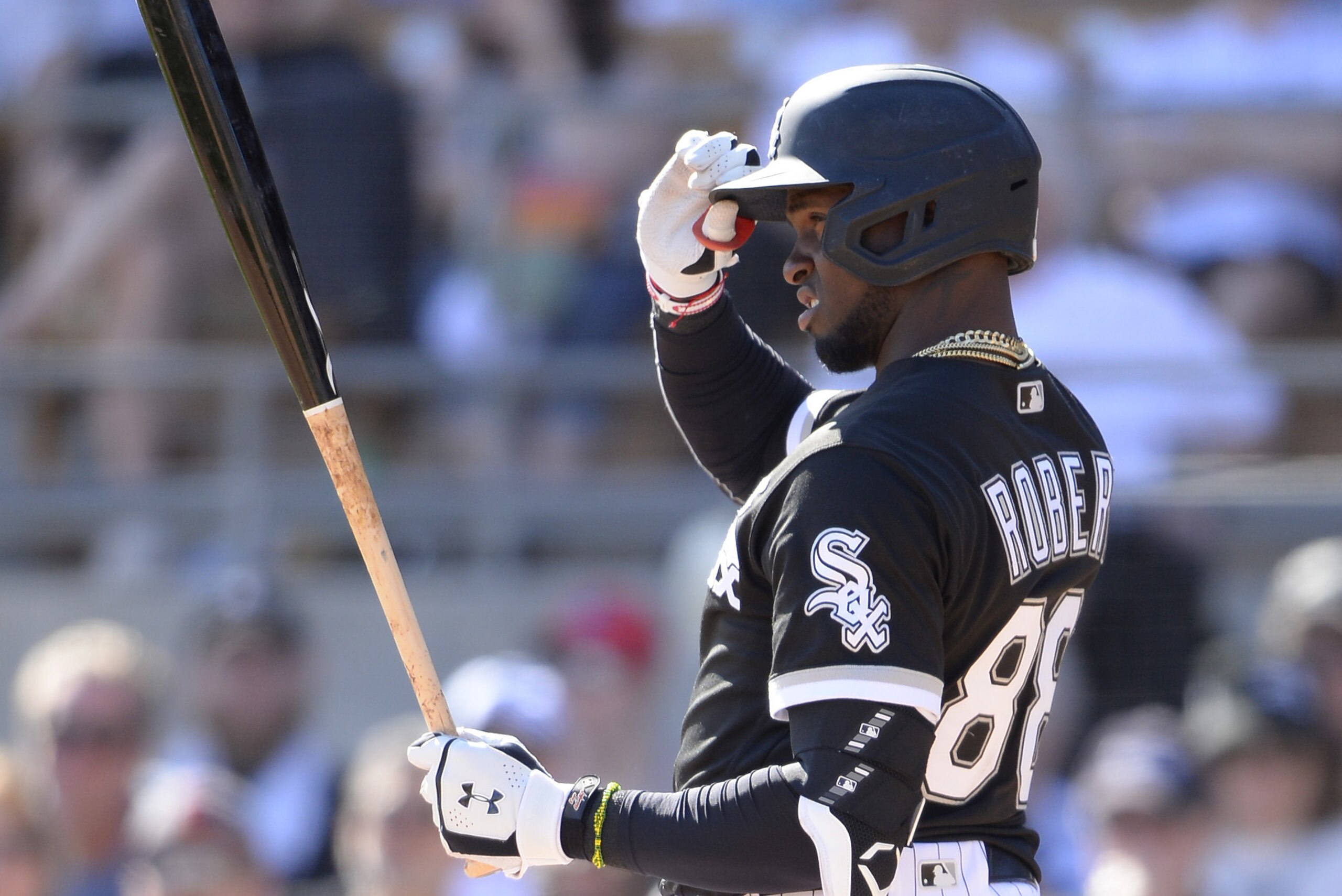 GLENDALE, ARIZONA - MARCH 08:  Luis Robert #88 of the Chicago White Sox looks on against the Kansas City Royals on March 8, 2020 at Camelback Ranch in Glendale Arizona.  (Photo by Ron Vesely/Getty Images)