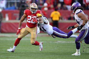 SANTA CLARA, CALIFORNIA - JANUARY 11: Matt Breida #22 of the San Francisco 49ers rushes with the ball against the Minnesota Vikings during the NFC Divisional Round Playoff game at Levi's Stadium on January 11, 2020 in Santa Clara, California. (Photo by Se