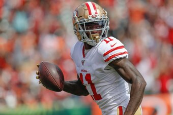 CINCINNATI, OH - SEPTEMBER 15: Marquise Goodwin #11 of the San Francisco 49ers runs for a touchdown after a reception during the game against the Cincinnati Bengals at Paul Brown Stadium on September 15, 2019 in Cincinnati, Ohio. (Photo by Michael Hickey/