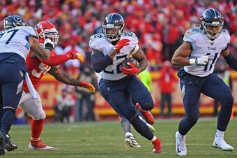 KANSAS CITY, MO - JANUARY 19:  Running back Derrick Henry #22 of the Tennessee Titans runs up field against the Kansas City Chiefs in the first half in the AFC Championship Game at Arrowhead Stadium on January 19, 2020 in Kansas City, Missouri. (Photo by 