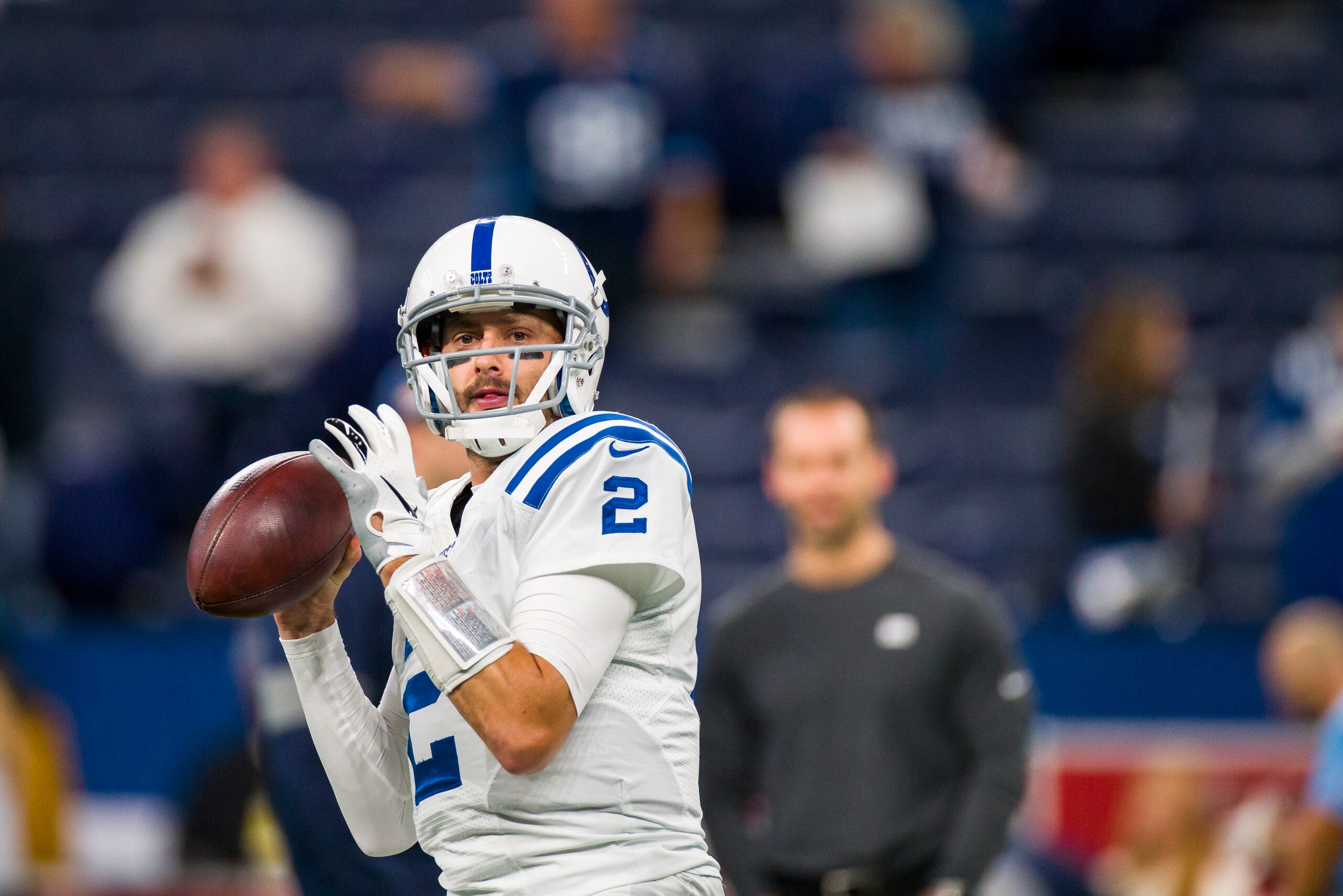 INDIANAPOLIS, IN - DECEMBER 01:  Brian Hoyer #2 of the Indianapolis Colts warms up before the game against the Tennessee Titans at Lucas Oil Stadium on December 1, 2019 in Indianapolis, Indiana. (Photo by Brett Carlsen/Getty Images)