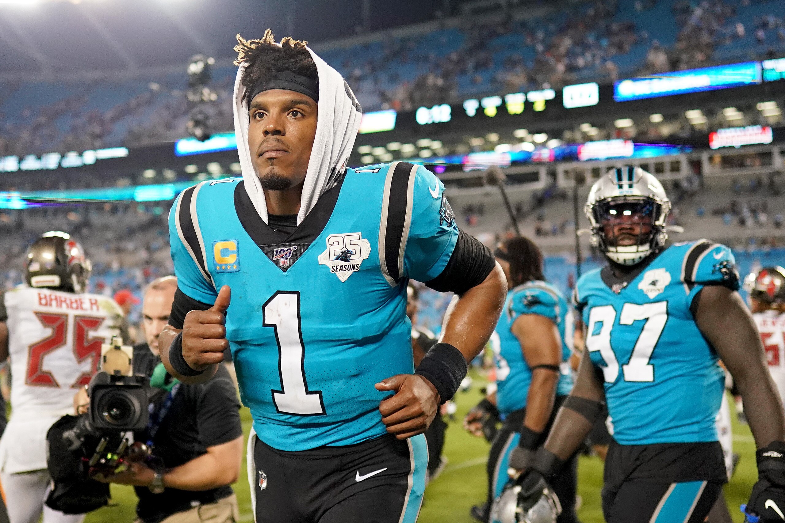 CHARLOTTE, NORTH CAROLINA - SEPTEMBER 12: Cam Newton #1 of the Carolina Panthers after their game against the Tampa Bay Buccaneers at Bank of America Stadium on September 12, 2019 in Charlotte, North Carolina. (Photo by Jacob Kupferman/Getty Images)