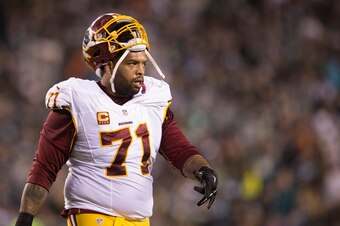 PHILADELPHIA, PA - DECEMBER 26: Trent Williams #71 of the Washington Redskins walks off the field at the end of the first half against the Philadelphia Eagles on December 26, 2015 at Lincoln Financial Field in Philadelphia, Pennsylvania.  (Photo by Mitche