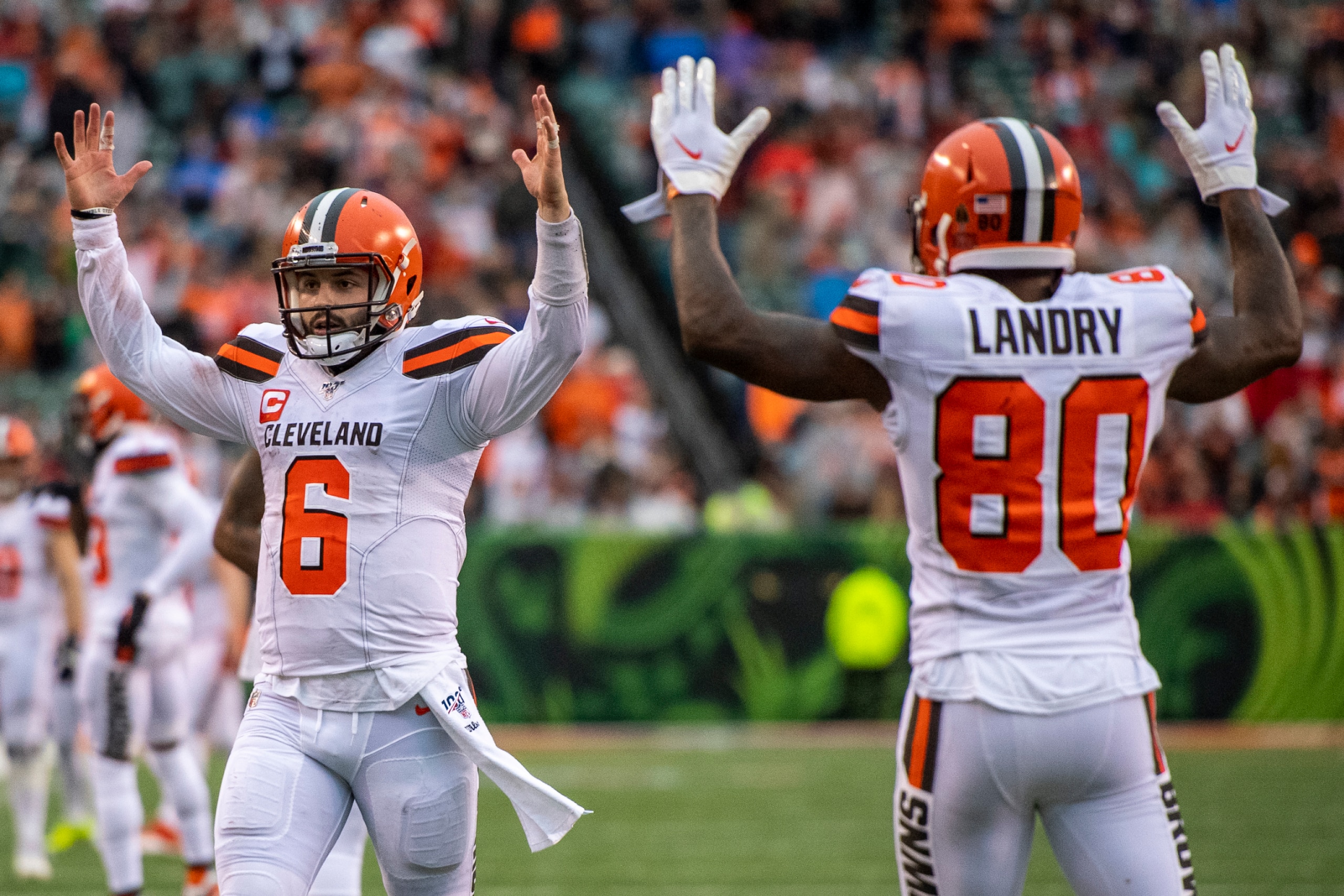 CINCINNATI, OH - DECEMBER 29: Baker Mayfield #6 and Jarvis Landry #80 of the Cleveland Browns signal for a touchdown after a catch by Odell Beckham Jr. in the fourth quarter of the game against the Cincinnati Bengals at Paul Brown Stadium on December 29, CINCINNATI, OH - DECEMBER 29: Baker Mayfield #6 and Jarvis Landry #80 of the Cleveland Browns signal for a touchdown after a catch by Odell Beckham Jr. in the fourth quarter of the game against the Cincinnati Bengals at Paul Brown Stadium on December 29,
