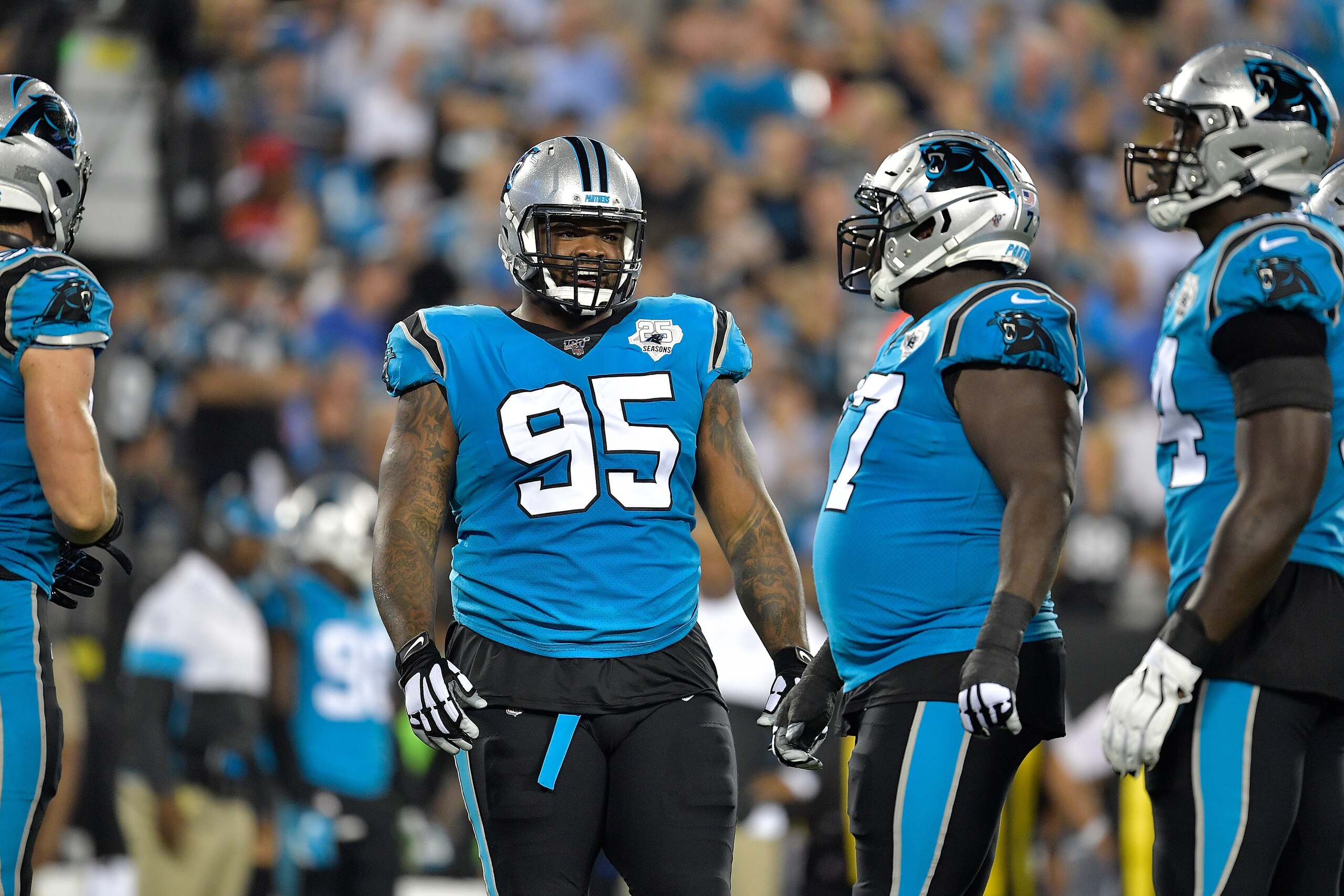 CHARLOTTE, NORTH CAROLINA - SEPTEMBER 12: Dontari Poe #95 of the Carolina Panthers against the Tampa Bay Buccaneers during their game at Bank of America Stadium on September 12, 2019 in Charlotte, North Carolina. The Buccaneers won 20-14. (Photo by Grant CHARLOTTE, NORTH CAROLINA - SEPTEMBER 12: Dontari Poe #95 of the Carolina Panthers against the Tampa Bay Buccaneers during their game at Bank of America Stadium on September 12, 2019 in Charlotte, North Carolina. The Buccaneers won 20-14. (Photo by Grant