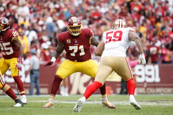 LANDOVER, MD - OCTOBER 15: Trent Williams #71 of the Washington Redskins blocks during a game against the San Francisco 49ers at FedEx Field on October 15, 2017 in Landover, Maryland. The Redskins won 26-24. (Photo by Joe Robbins/Getty Images)