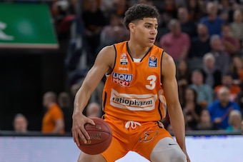 ULM, GERMANY - MARCH 08: (BILD ZEITUNG OUT) Killian Hayes of Ratiopharm Ulm controls the Ball during the EasyCredit Basketball Bundesliga (BBL) match between Ratiopharm Ulm and MHP Riesen Ludwigsburg at ratiopharm Arena on March 8, 2020 in Ulm, Germany. (