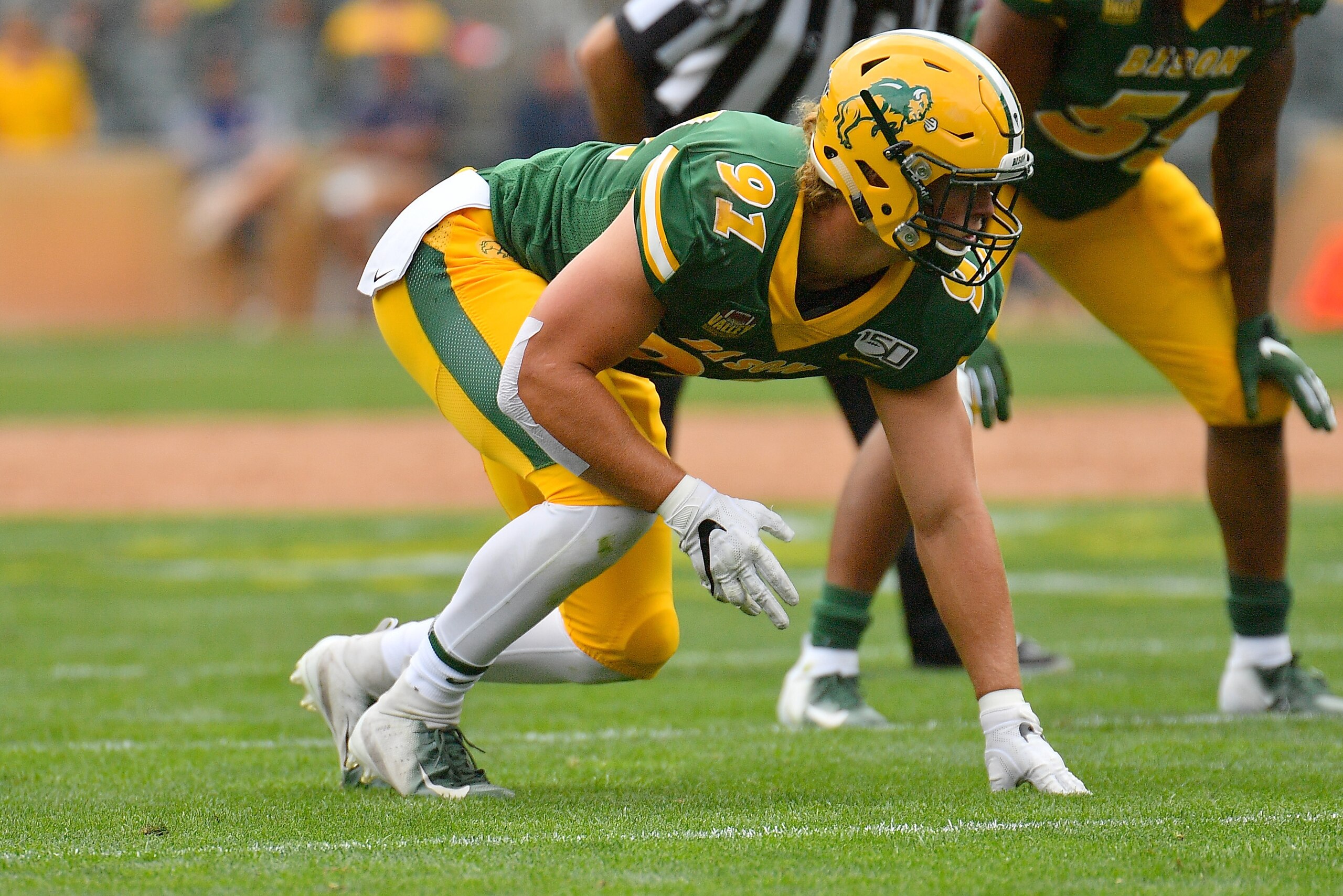 MINNEAPOLIS, MINNESOTA - AUGUST 31: Defensive end Derrek Tuszka #91 of the North Dakota State Bison lines up before the snap during his team's game against the Butler Bulldogs at Target Field on August 31, 2019 in Minneapolis, Minnesota. (Photo by Sam W MINNEAPOLIS, MINNESOTA - AUGUST 31: Defensive end Derrek Tuszka #91 of the North Dakota State Bison lines up before the snap during his team's game against the Butler Bulldogs at Target Field on August 31, 2019 in Minneapolis, Minnesota. (Photo by Sam W