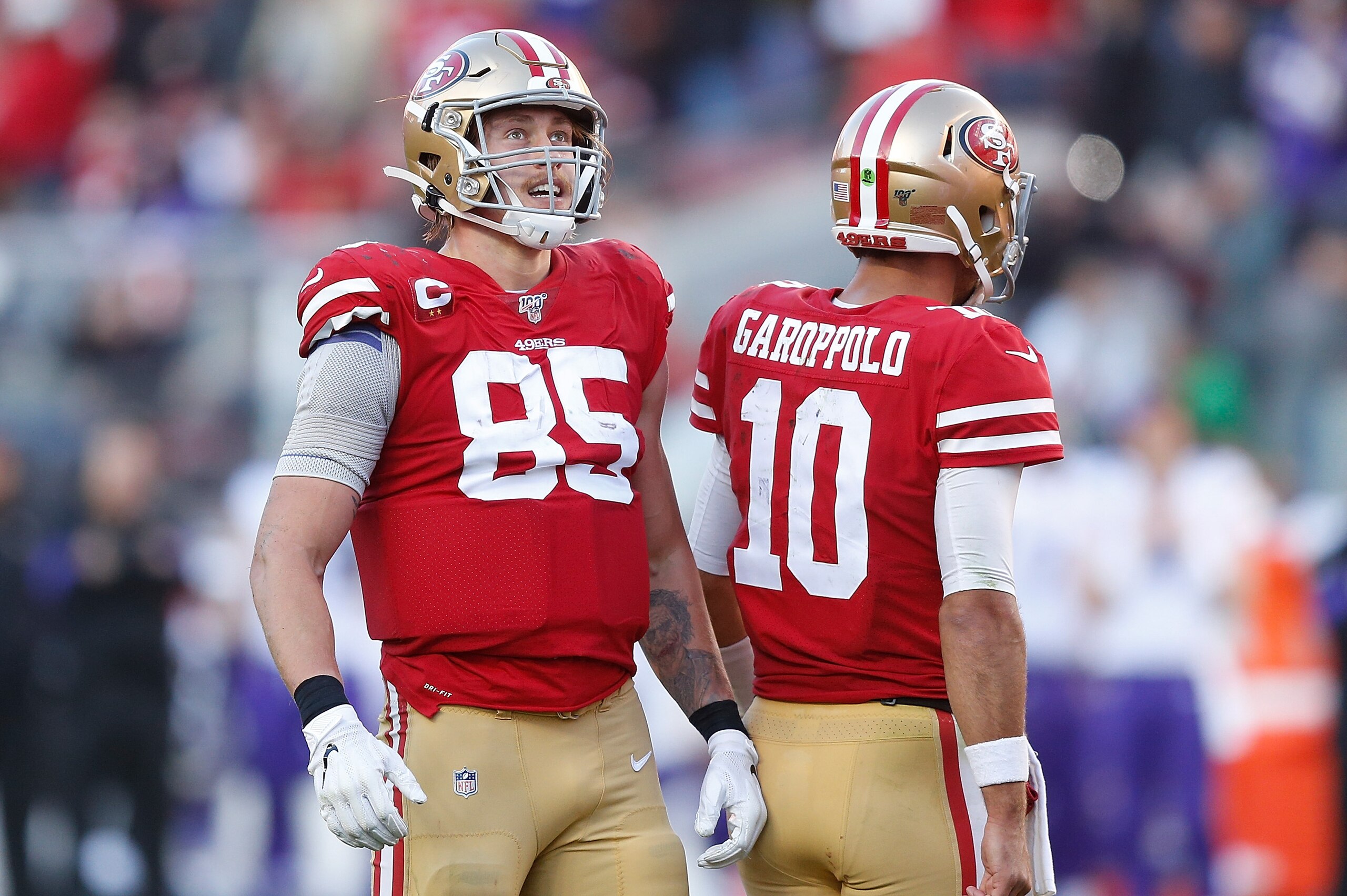 SANTA CLARA, CALIFORNIA - JANUARY 11: George Kittle #85 and quarterback Jimmy Garoppolo #10 of the San Francisco 49ers react after a play in the third quarter of the NFC Divisional Round Playoff game against the Minnesota Vikings at Levi's Stadium on Janu SANTA CLARA, CALIFORNIA - JANUARY 11: George Kittle #85 and quarterback Jimmy Garoppolo #10 of the San Francisco 49ers react after a play in the third quarter of the NFC Divisional Round Playoff game against the Minnesota Vikings at Levi's Stadium on Janu