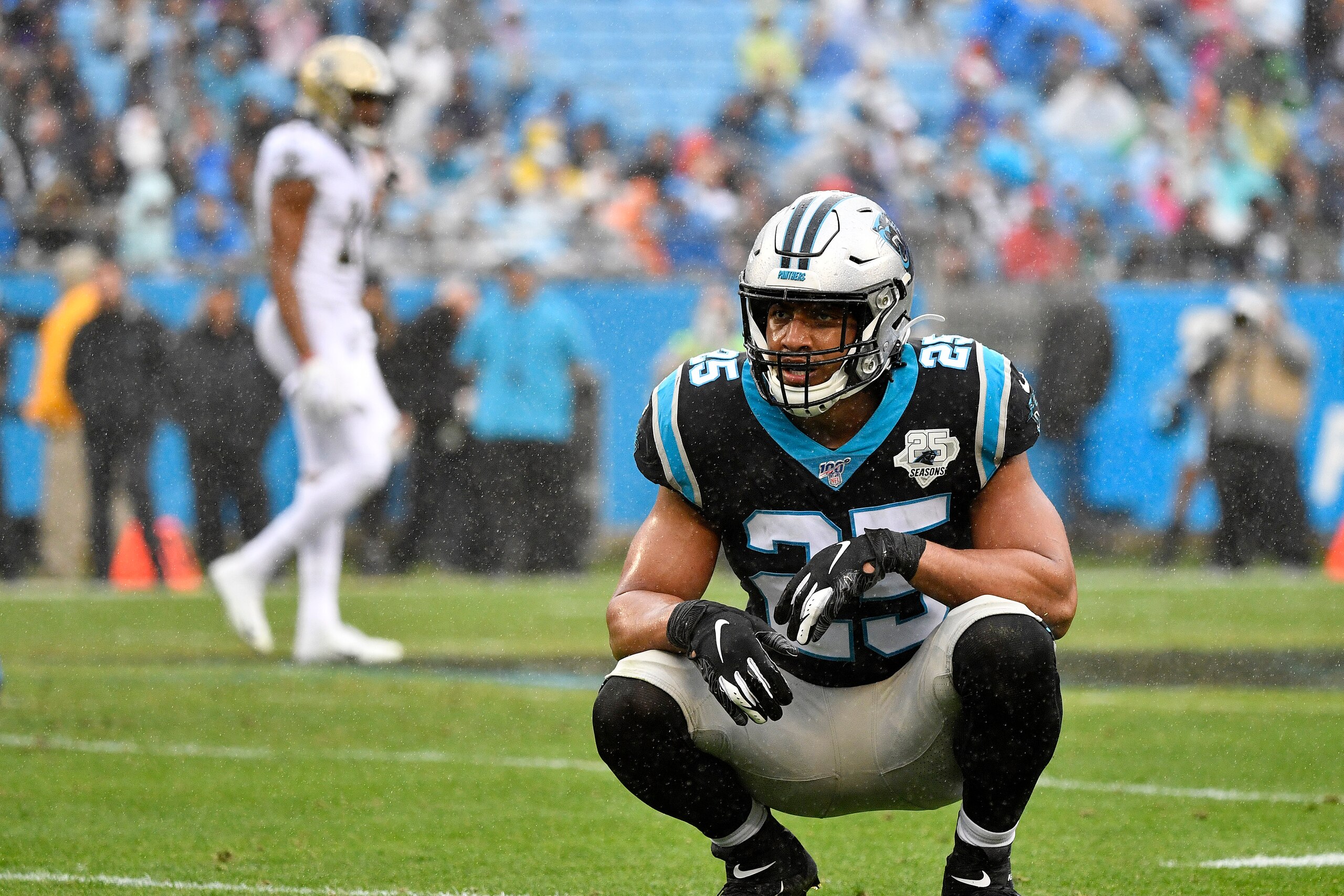 CHARLOTTE, NORTH CAROLINA - DECEMBER 29: Eric Reid #25 of the Carolina Panthers looks on after a touchdown by the New Orleans Saints during the third quarter of their game at Bank of America Stadium on December 29, 2019 in Charlotte, North Carolina. (Phot CHARLOTTE, NORTH CAROLINA - DECEMBER 29: Eric Reid #25 of the Carolina Panthers looks on after a touchdown by the New Orleans Saints during the third quarter of their game at Bank of America Stadium on December 29, 2019 in Charlotte, North Carolina. (Phot