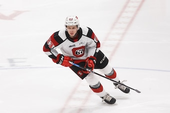 OSHAWA, ON - MARCH 1: Marco Rossi #23 of the Ottawa 67's skates during an OHL game against the Oshawa Generals at the Tribute Communities Centre on March 1, 2020 in Oshawa, Ontario, Canada.  (Photo by Chris Tanouye/Getty Images)