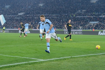 ROME, ITALY - FEBRUARY 16: Ciro Immobile of SS Lazio celebrates after scoring goal 1-1 during the Serie A match between SS Lazio and  FC Internazionale at Stadio Olimpico on February 16, 2020 in Rome, Italy. (Photo by Silvia Lore/Getty Images)