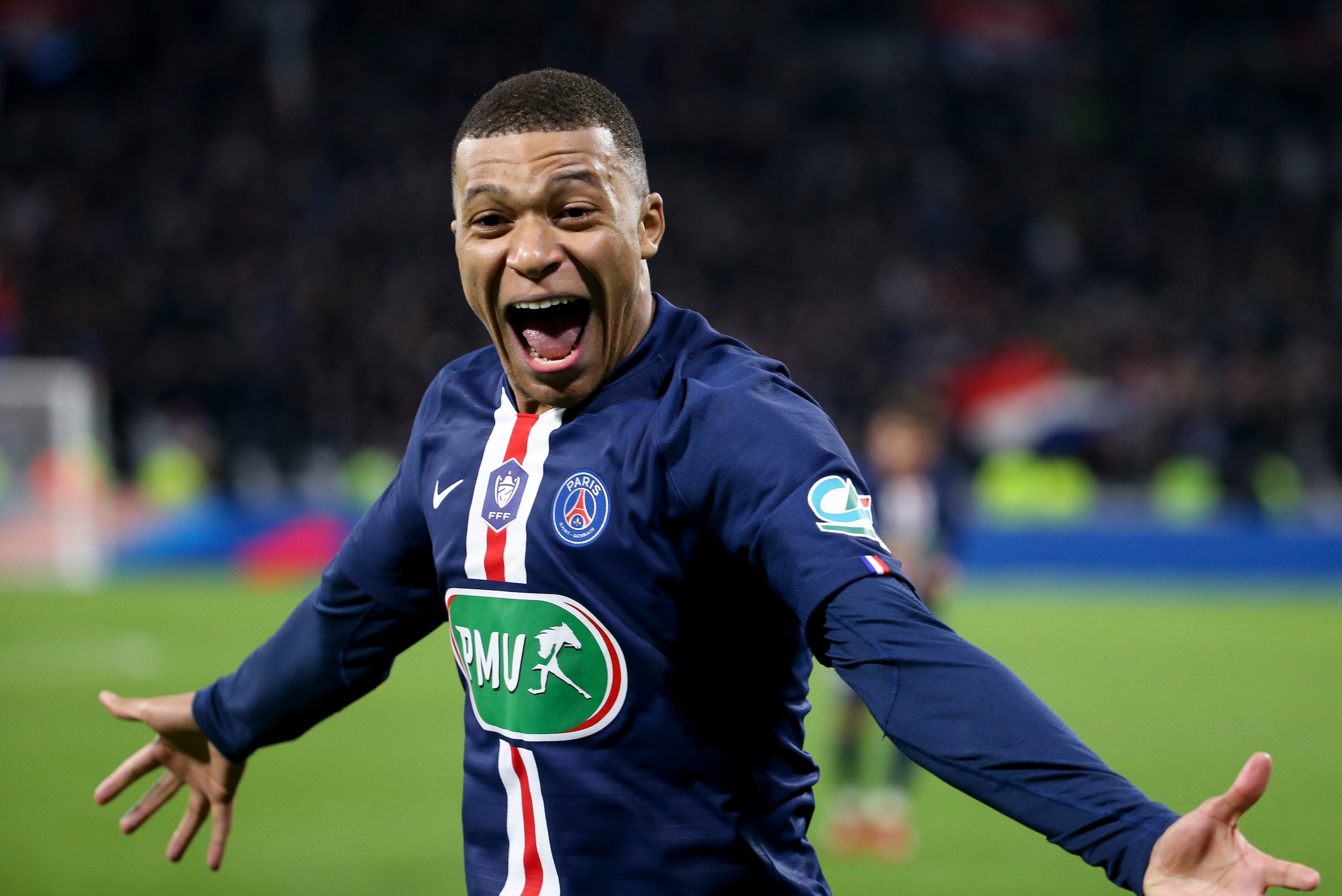 LYON, FRANCE - MARCH 4: Kylian Mbappe of PSG celebrates his third goal during the French Cup semifinal match between Olympique Lyonnais (OL) and Paris Saint-Germain (PSG) at Groupama Stadium on March 4, 2020 in Decines near Lyon, France. (Photo by Jean Ca LYON, FRANCE - MARCH 4: Kylian Mbappe of PSG celebrates his third goal during the French Cup semifinal match between Olympique Lyonnais (OL) and Paris Saint-Germain (PSG) at Groupama Stadium on March 4, 2020 in Decines near Lyon, France. (Photo by Jean Ca