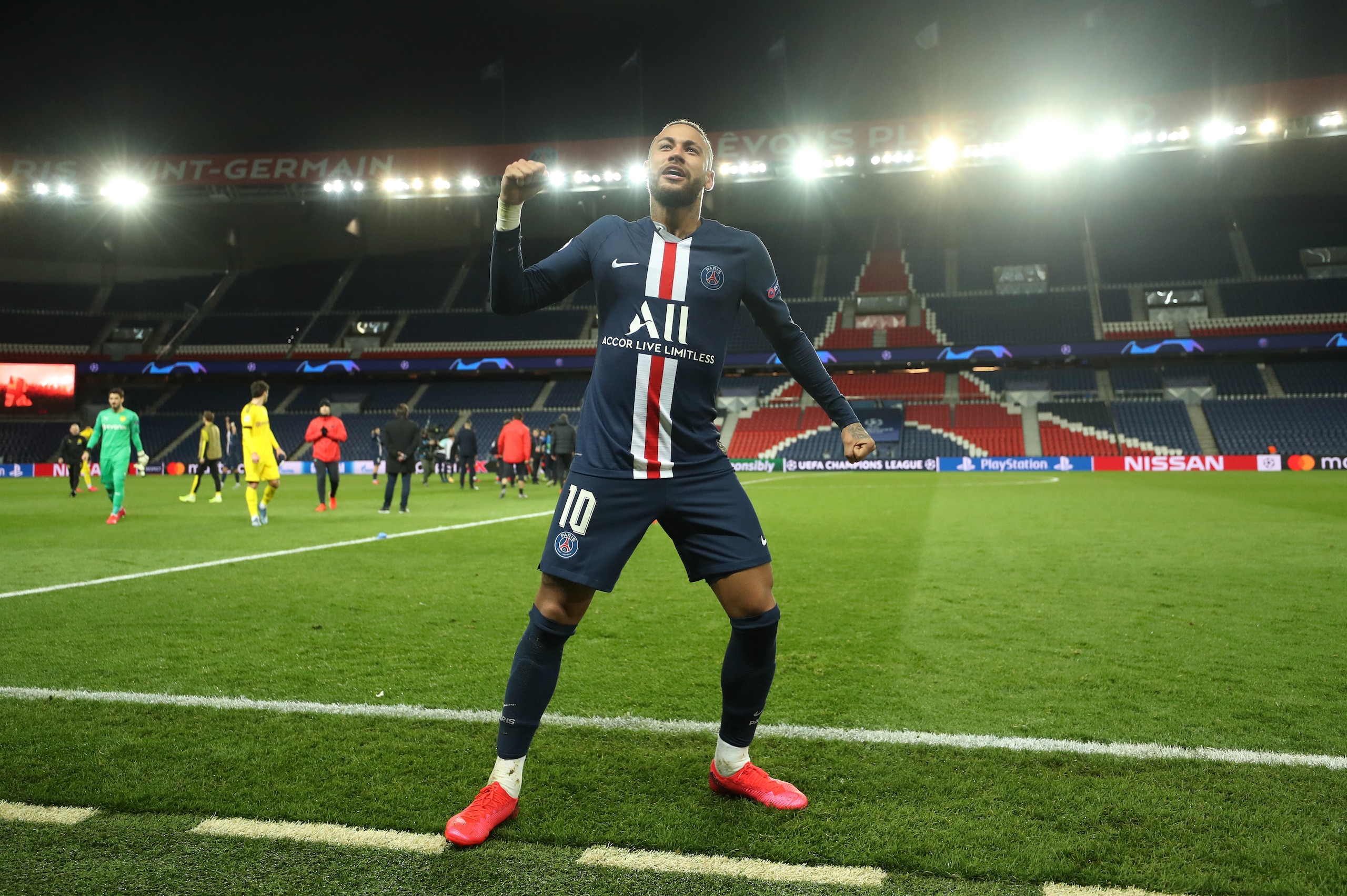 PARIS, FRANCE - MARCH 11: (FREE FOR EDITORIAL USE) In this handout image provided by UEFA, Neymar of Paris Saint-Germain celebrates victory after the UEFA Champions League round of 16 second leg match between Paris Saint-Germain and Borussia Dortmund at P PARIS, FRANCE - MARCH 11: (FREE FOR EDITORIAL USE) In this handout image provided by UEFA, Neymar of Paris Saint-Germain celebrates victory after the UEFA Champions League round of 16 second leg match between Paris Saint-Germain and Borussia Dortmund at P