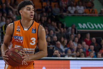 ULM, GERMANY - MARCH 08: (BILD ZEITUNG OUT) Killian Hayes of Ratiopharm Ulm controls the Ball during the EasyCredit Basketball Bundesliga (BBL) match between Ratiopharm Ulm and MHP Riesen Ludwigsburg at ratiopharm Arena on March 8, 2020 in Ulm, Germany. (