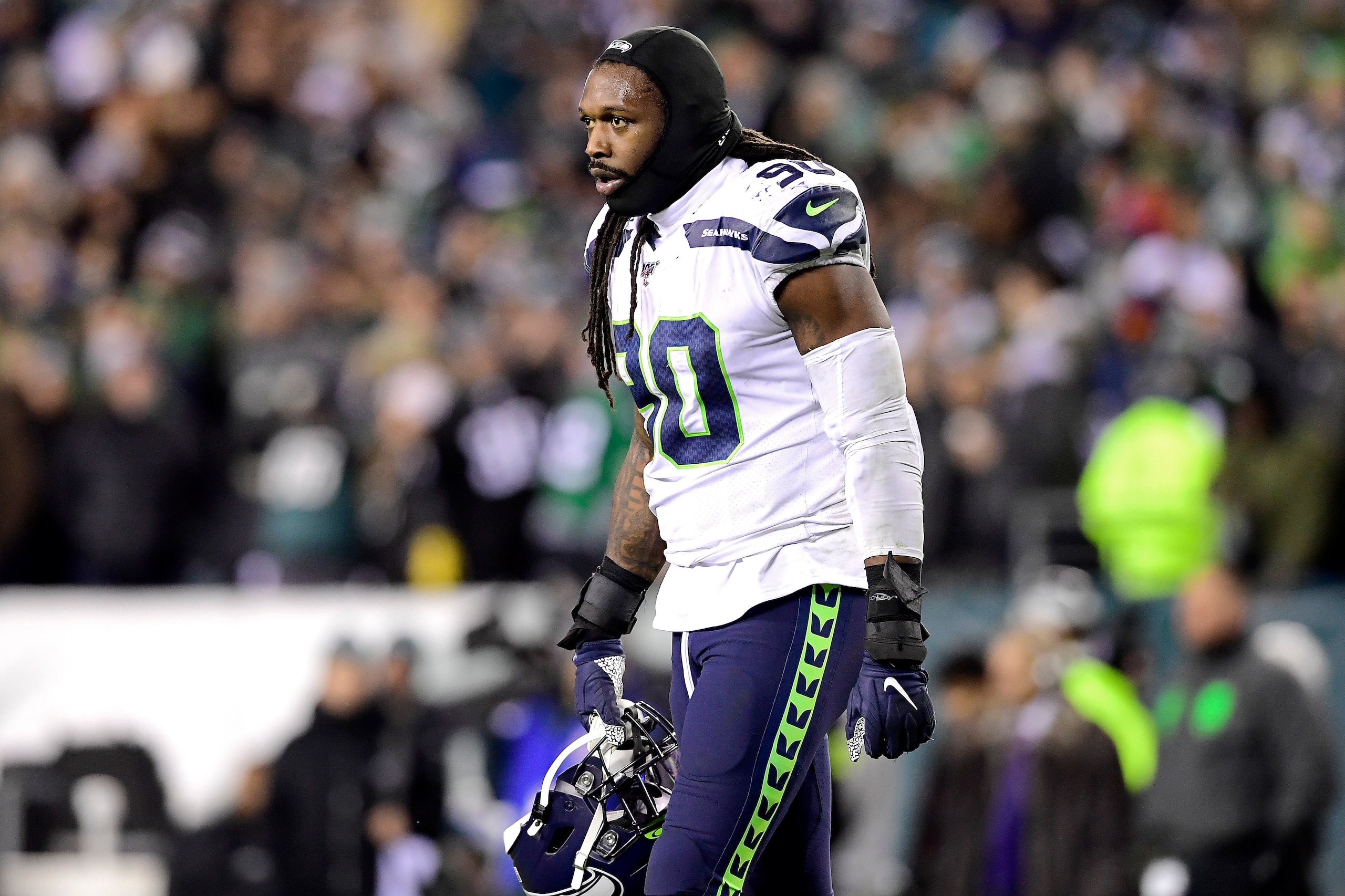 PHILADELPHIA, PENNSYLVANIA - JANUARY 05:  Jadeveon Clowney #90 of the Seattle Seahawks looks on against the Philadelphia Eagles in the NFC Wild Card Playoff game at Lincoln Financial Field on January 05, 2020 in Philadelphia, Pennsylvania. (Photo by Steve