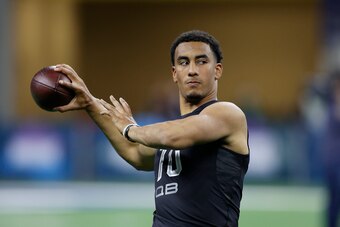 INDIANAPOLIS, IN - FEBRUARY 27: Quarterback Jordan Love of Utah State passes during the NFL Scouting Combine at Lucas Oil Stadium on February 27, 2020 in Indianapolis, Indiana. (Photo by Joe Robbins/Getty Images)