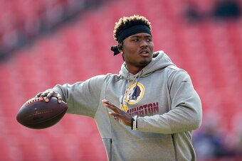 LANDOVER, MD - DECEMBER 22: Dwayne Haskins #7 of the Washington Redskins warms up before the game against the New York Giants at FedExField on December 22, 2019 in Landover, Maryland. (Photo by Scott Taetsch/Getty Images)