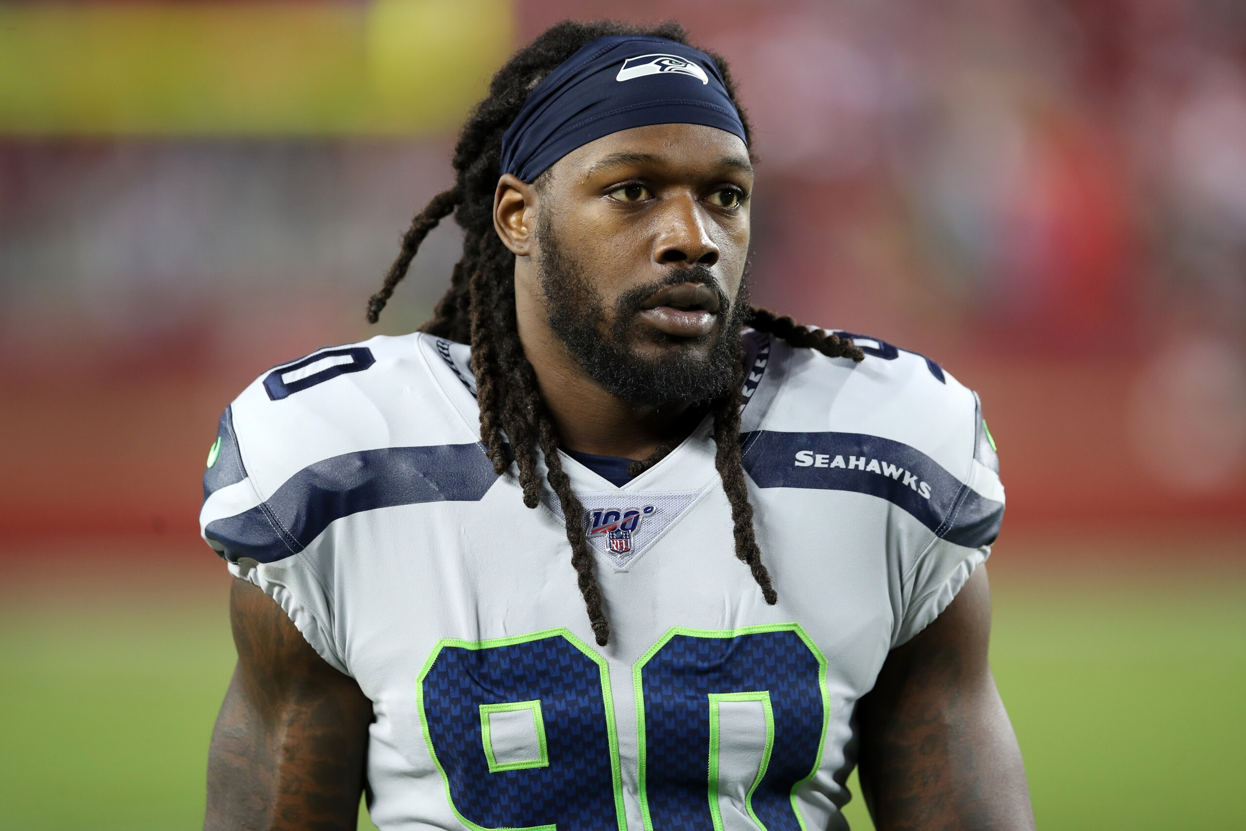 SANTA CLARA, CA - NOVEMBER 11:  Jadeveon Clowney #90 of the Seattle Seahawks looks on before the game against the San Francisco 49ers at Levi's Stadium on November 11, 2019 in Santa Clara, California.  The Seahawks defeated the 49ers 27-24.  (Photo by Rob