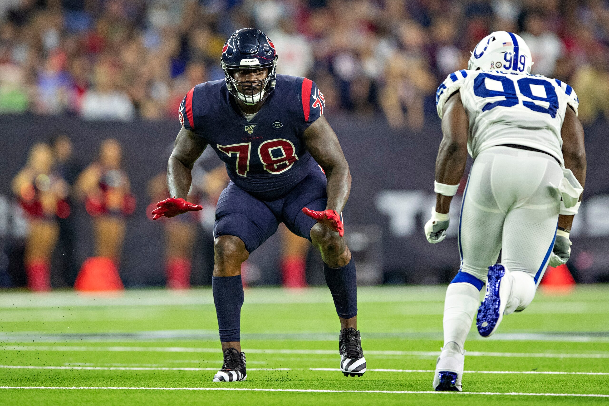 HOUSTON, TX - NOVEMBER 21:  Laremy Tunsil #78 of the Houston Texans drops back to pass block during a game against the Indianapolis Colts at NRG Stadium on November 21, 2019 in Houston, Texas.  The Texans defeated the Colts 20-17. (Photo by Wesley Hitt/Ge
