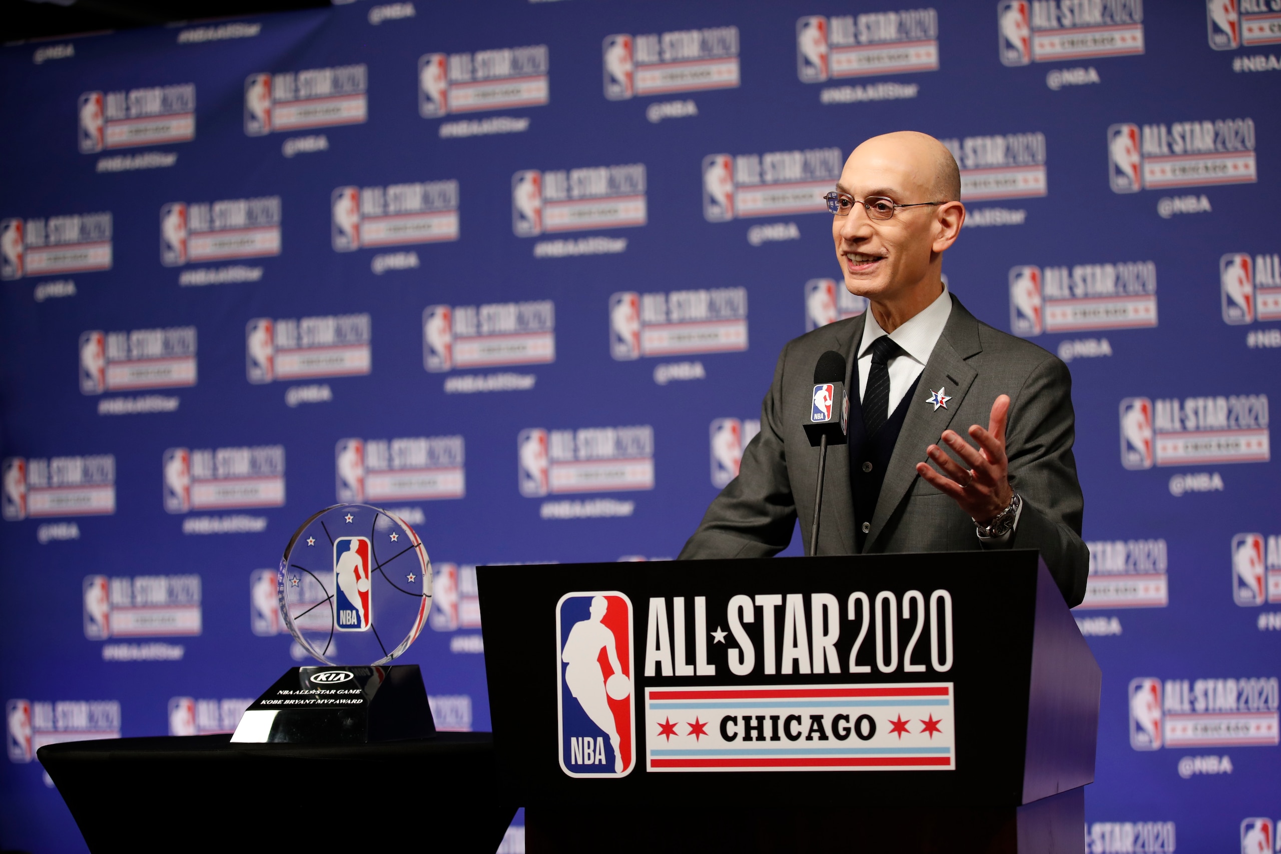 CHICAGO, IL - FEBRUARY 15:  NBA Commissioner Adam Silver announces NBA All-Star Game MVP Trophy will honor Kobe Bryant during NBA All-Star Saturday Night Presented by State Farm as part of 2020 NBA All-Star Weekend on February 15, 2020 at United Center in