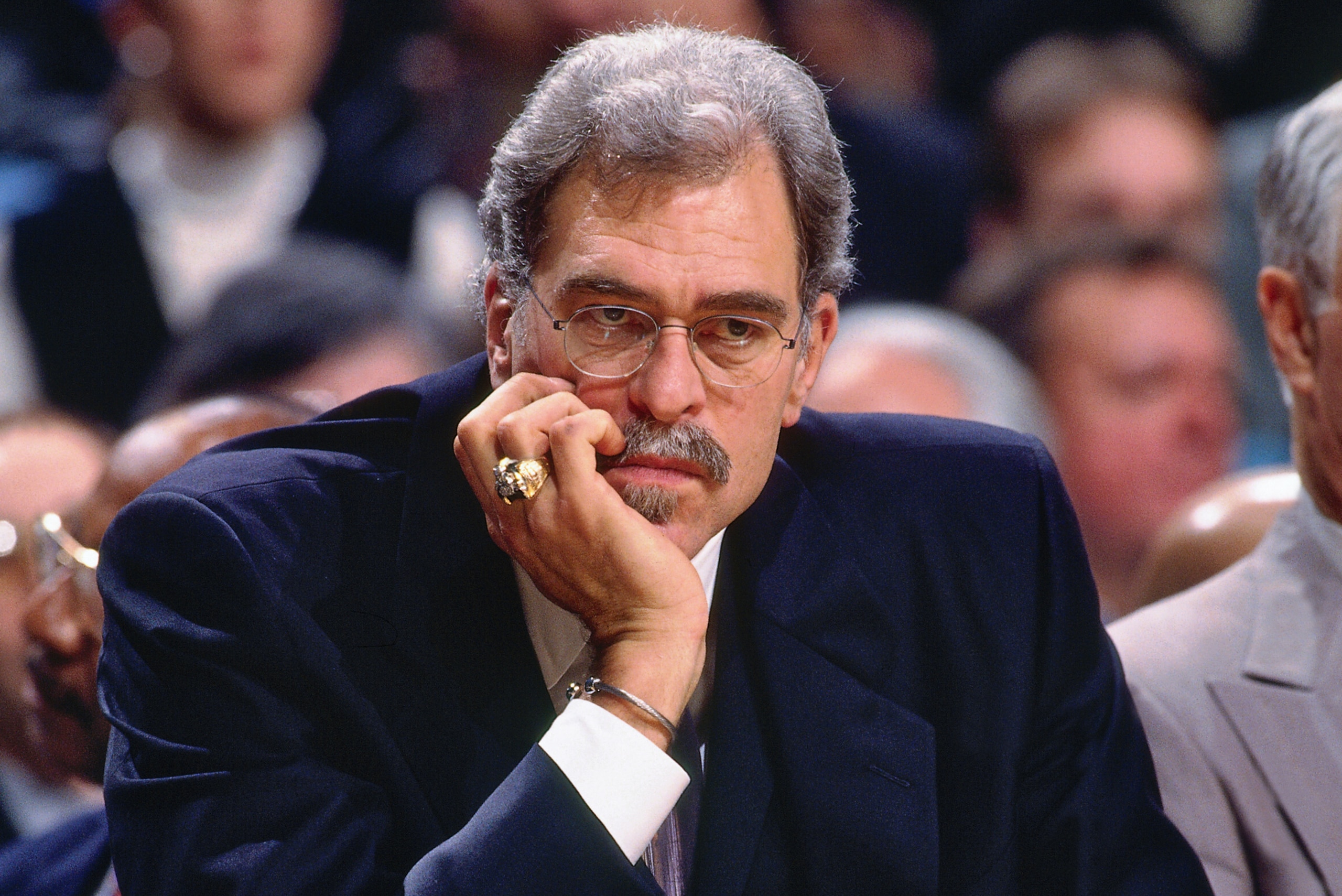 CHICAGO - NOVEMBER 1:  Phil Jackson looks on during a game played on November 1, 1997 at the First Union Arena in Philadelphia, Pennsylvania. NOTE TO USER: User expressly acknowledges and agrees that, by downloading and or using this photograph, User is c