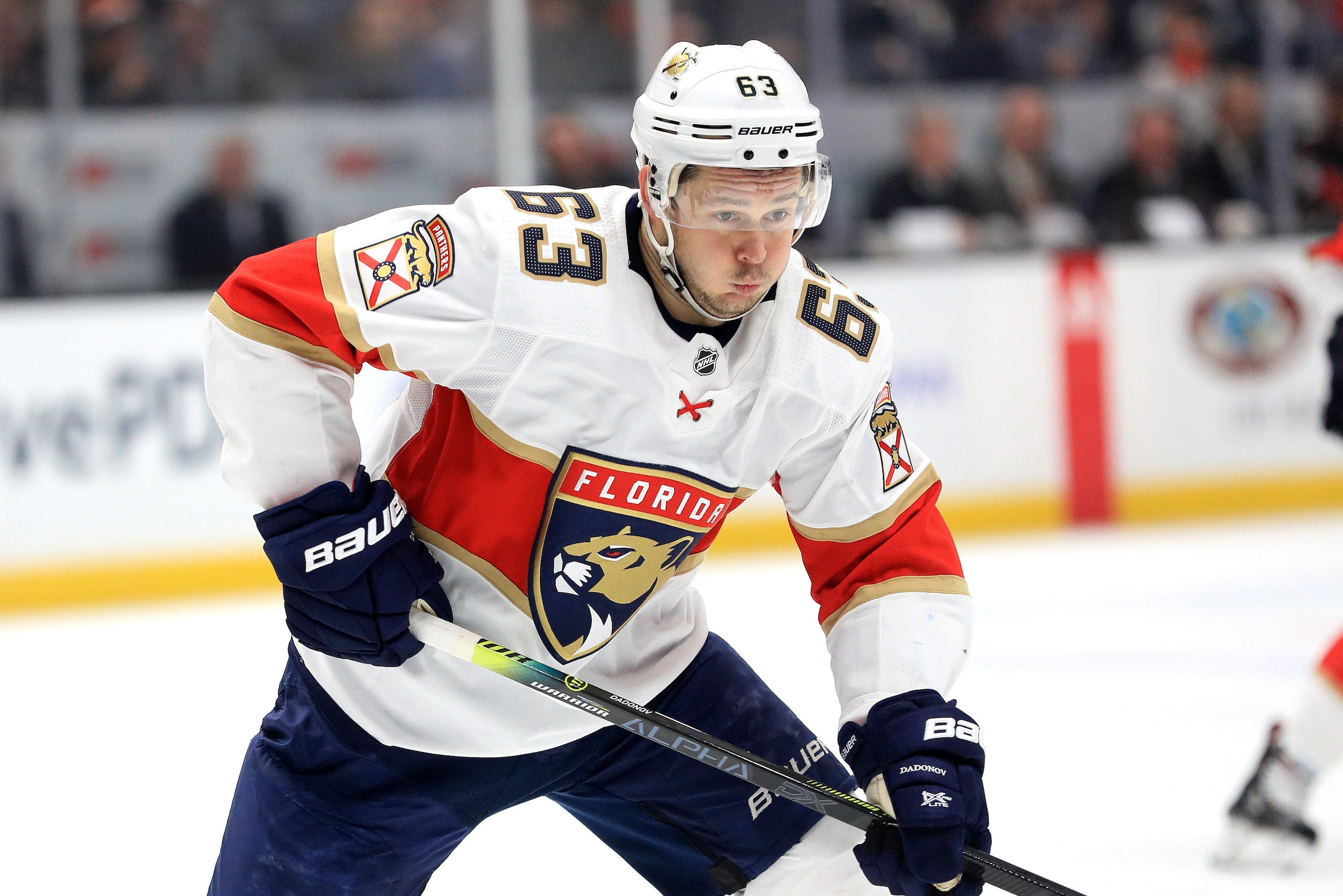 ANAHEIM, CALIFORNIA - FEBRUARY 19: Evgenii Dadonov #63 of the Florida Panthers skates to the puck during the second period of a game against the Anaheim Ducks at Honda Center on February 19, 2020 in Anaheim, California. (Photo by Sean M. Haffey/Getty Ima ANAHEIM, CALIFORNIA - FEBRUARY 19: Evgenii Dadonov #63 of the Florida Panthers skates to the puck during the second period of a game against the Anaheim Ducks at Honda Center on February 19, 2020 in Anaheim, California. (Photo by Sean M. Haffey/Getty Ima